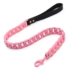 Custom brand name 32mm chew proof stainless steel cuban dog lead