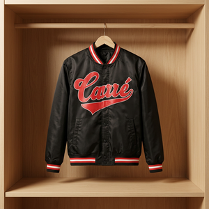เสื้อแจ็คเก็ตวาร์ซิตี้สีดำสำหรับผู้ชาย ยี่ห้อ Carré พิมพ์ลายตัวอักษรสีแดง ปกคอพับ ติดกระดุมแถวเดียว สวมใส่สบายๆ - Product Image 1