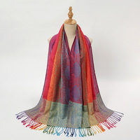 Écharpe Pashmina tendance multicolore à motif cachemire avec pompons, style ethnique, brodée dégradée, 180 cm – Meilleure vente pour femme
