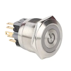 HUSA-Interruptor de botón de cabeza plana de 25mm, anillo LED de 24v, con símbolo de potencia, de acero inoxidable, personalizado