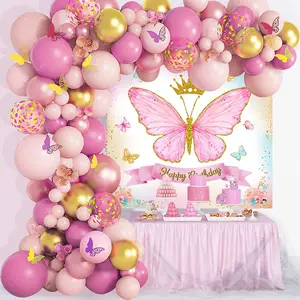 Rosa lila Ballonbogen-Satz Schmetterling glückwunsch-zum-Geburtstag Fotografie-Hintergrund-Banner für Geburtstags-Party-Lieferungen