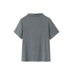 Camiseta de manga corta con cuello alto para mujer, talla grande, color sólido, tejido de punto, color gris - Product Image 1