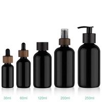 YAN Packaging - Juego de Botellas de Vidrio Violeta/Negro de Lujo de 30 ml y 60 ml con Gotero/Bomba y Tapa de Madera Natural para Suero Corporal
