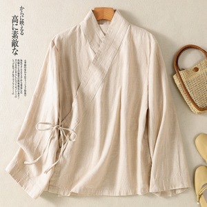 Women's Cotton Linen Wrap Blouse Pink Navy Beige Training Top Zen Style Hanfu Shirt - Product Image 2