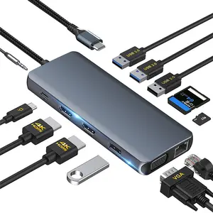 USB C 허브 멀티 포트 어댑터 12 in1 HDMI 4K30Hz USB 3.0 5Gbps SD TF 카드 리더기 유형 C PD 100W RJ 45 VGA USB 허브 PC 용