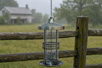 Mangeoire à oiseaux en métal avec tube transparent, ornement libellule, dôme décoratif, plateau à graines, chaîne de suspension, décoration de jardin, style antique, écologique