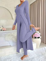 Conjunto de Dos Piezas de Punto Acanalado para Mujer, Top Túnica de Manga Larga con Cuello Redondo y Abertura Lateral, Pantalones Anchos, Atuendo Informal para Descansar