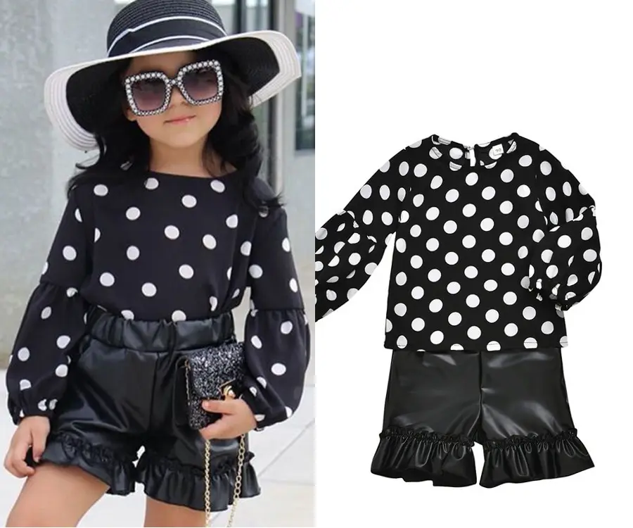 2020 New Toddler Baby Girl Kleidung Kid Set Polka-Dot Tops Kurzes Leder Schwarze Shorts Hosen Mode anzug 2-6Y