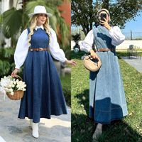 Robe longue sans manches en jean bleu denim pour femme, style jalabiya musulmane, abaya islamique avec ceinture amincissante pour l'Aïd et le Ramadan