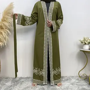 Modis bunga putih bordir terbuka abaya hijau warna dubai Islam abayas jubah panjang dengan sabuk pertandingan