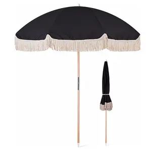 Özel Logo baskılı güneşlik alüminyum ahşap şemsiye güneş pembe plaj şemsiye açık püskül saçak ile