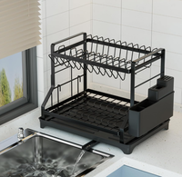 Égouttoir à vaisselle en métal à 2 niveaux avec égouttoir noir grande capacité, porte-gobelets, porte-couteaux et planche à découper
