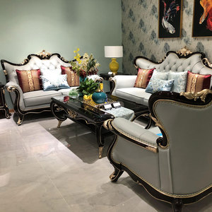 Ghế sofa cổ điển Châu Âu ghế sofa cổ điển lớp đầu tiên của da bò mới cổ điển phòng khách gỗ rắn chạm khắc pháp đồ nội thất - Product Image 1