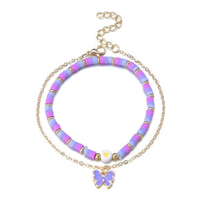 Tobillera con colgante de mariposa púrpura, tobillera de aleación dorada a la moda, tobillera de arcilla polimérica ajustable Bohemia, joyería fina para pie para niña - Product Image 5