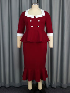 AOMEI maniche a tre quarti con collo quadrato a balze top bordeaux formale da donna due pezzi con Maxi gonna a sirena - Product Image 4