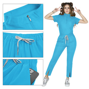 Women Hospital Scrub Suit Short Sleeve Zip Up <b>Pants</b> Set Moisture Wicking Knitted Split Set <b>Work</b> Uniform - Product Image 1