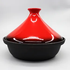 Grosir Kustom Peralatan Masak Dapur Set Besi Cor Enamel Maroko Tagine Pot Besi Cor dengan Tutup Keramik