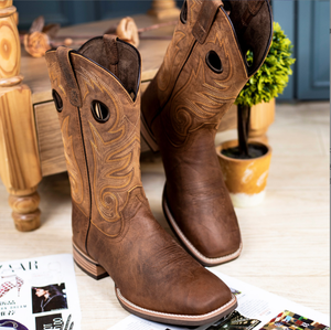 Bottes de cowboy montantes en cuir véritable pour hommes, à bout carré, style western, mi-mollet, brodées, antidérapantes et confortables pour l'équitation - Product Image 3