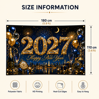 Bannière Joyeux Nouvel An 2027 Bleu Or Feux d'artifice Ballons Nuit de la ville Décoration murale de fête