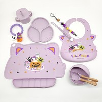Ensemble d'alimentation pour bébé en silicone Halloween, bavoir imperméable, set de table anti-graisse, assiette à ventouse, vaisselle pour enfants personnalisable