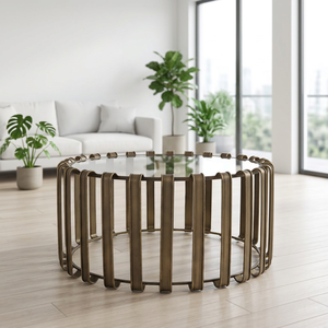 Table basse ronde en laiton AK, finition antique, plateau en verre, mobilier traditionnel pour hôtel/chambre. - Product Image 1