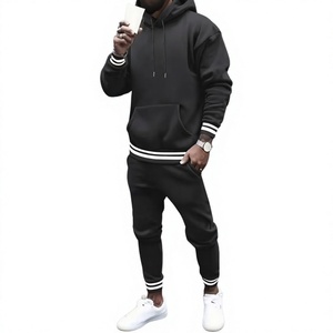 Conjunto de Sudadera con Capucha Negra para Hombre, Color Sólido, Felpa Francesa, Pantalones Deportivos Casuales, Ropa de Invierno, Detalle de Raya Blanca, Transpirable - Product Image 1