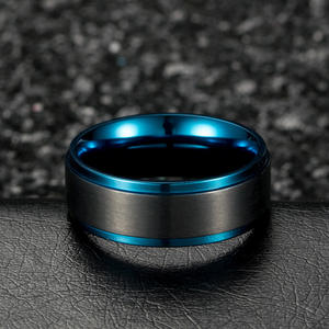 Unisex Matte Brushed Titanium Steel <b>Ring</b> Black And Blue Geometric Design Gift Jewelry - Product Image 2