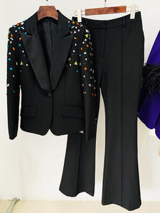 A7450 Migugarment Drop Shipping blazer di strass di colore nero e <span class=keywords><strong>pantaloni</strong></span> lunghi due pezzi Set formale ufficio da <span class=keywords><strong>donna</strong></span> abiti da <span class=keywords><strong>donna</strong></span> - Product Image 2