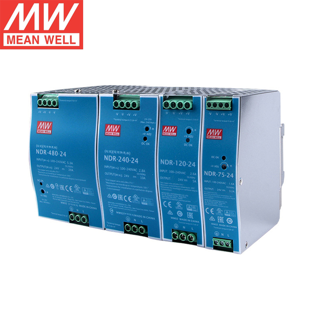 High Efficiency 92.5% MEAN WELL NDR DIN Rail Power Supply 90-264VAC Input for PLC and Control Systems