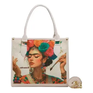 Sac fourre-tout en jute blanc pour femme Fana Flora, taille moyenne, imprimé léopard, sac de plage, sac de shopping, pour cadeaux alimentaires - Product Image 1