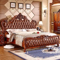 Europäischer Stil Massivholz-Lederbett mit Gepolsterter Rückenlehne 1,8 Meter Retro-Farbe Einzelbett - Schlafzimmermöbel