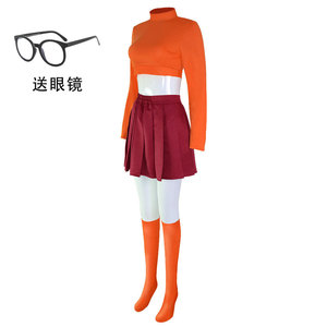 Anime <span class=keywords><strong>Velma</strong></span> Cosplay uniforme Falda corta uniforme naranja mujer naranja calzado Rok superior Halloween fiesta carnaval conjunto - Product Image 1