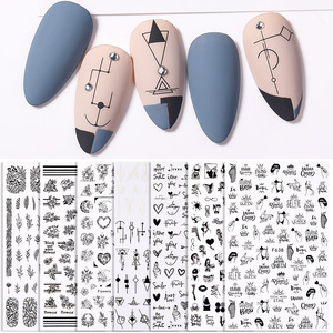 En vrac <span class=keywords><strong>manucure</strong></span> populaire adhésif presse sur les ongles colle <span class=keywords><strong>noir</strong></span> blanc fleurs amour français romantique dessin animé nouveau décalque nail art autocollant - Product Image 1