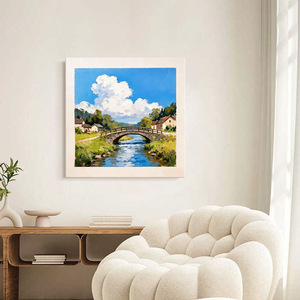 Landscape <b>Painting</b> Rural Scene With Bridge And River Farmhouse Style Metal <b>Frame</b> Hand Painted Art <b>For</b> Living Room Wall Decor - Product Image 3
