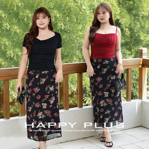 Falda Midi de Cintura Alta con Estampado Floral Happy Plus para Mujer, Talla Grande, Chifón, N9107 - Product Image 1