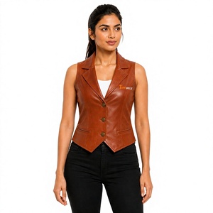Chaleco de cuero PU para mujer Tiierwear con cuello con muescas y cierre de botones, ropa exterior informal de color sólido - Product Image 1