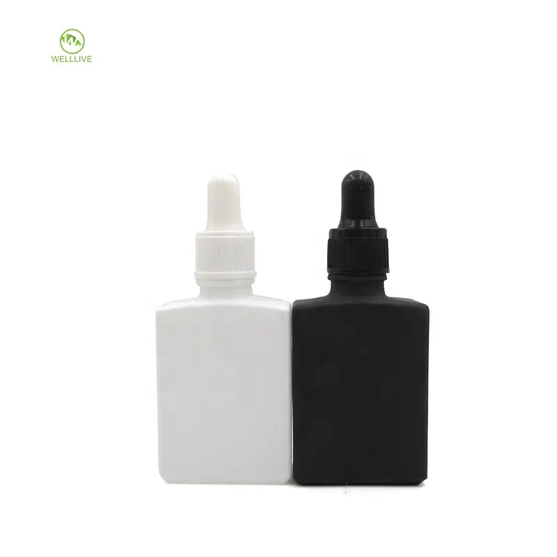 Square rectangular shape 30ml 1oz white frosted black glass dropper bottle for serum essential oil