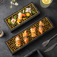 Vaisselle de gastronomie moléculaire pour restaurant japonais, assiettes à sushi rectangulaires noires créatives, plateau de service pour saumon et fruits de mer avec glace sèche