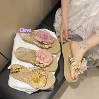 Nuevas Sandalias de Playa de Verano con Plataforma y Diseño Floral Estilo Hada, Chanclas de Paja Tejida con Suela Gruesa para Mujer