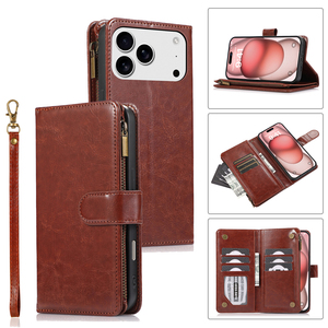 Cho iPhone 17 16 15 14 13 12 11 Pro Max Cộng Với Không Khí Ví PU Da Lật Bìa Dây Đeo Cổ Tay Dây Kéo 9 Khe Cắm Thẻ Sang Trọng Trường Hợp Điện Thoại - Product Image 1
