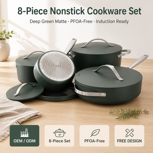 Ceramic Cookware Set 8 Piece Nonstick Casserole Saucepan Deep Frypan Matte PFOA Free Induction Green Gold Orange OEM Custom