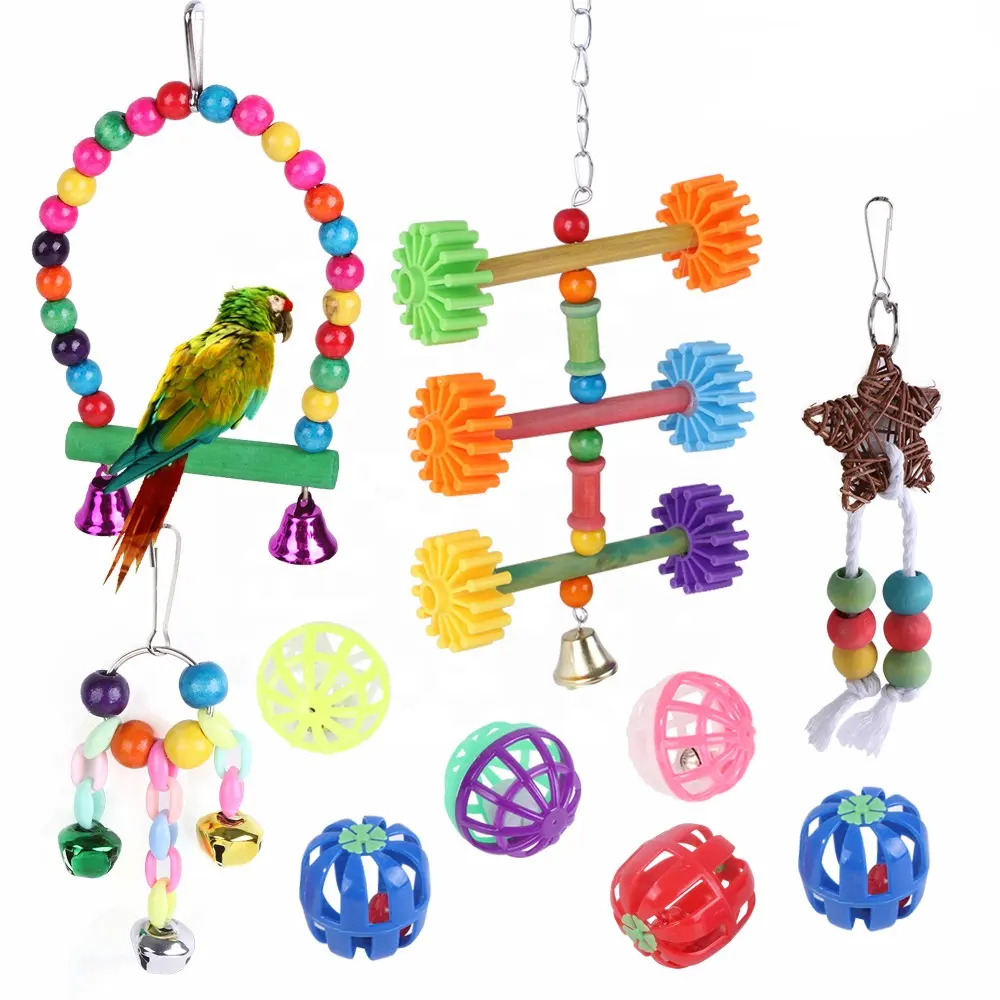 Ensemble de jouets pour oiseaux, 10 pièces, balançoire de perroquet, Cage suspendue, balançoire et pont arc-en-ciel