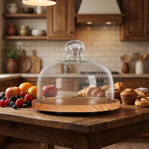 Support à gâteau rond <span class=keywords><strong>en</strong></span> bois personnalisé OEM/ODM avec couvercle <span class=keywords><strong>en</strong></span> <span class=keywords><strong>verre</strong></span>, plateau créatif pour servir les fruits, plateau tournant pour la pâtisserie à domicile - Product Image 1