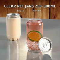 Boîte de boisson en plastique transparente de qualité alimentaire PET de 250 ml, 330 ml, 500 ml, avec couvercle en aluminium facile à ouvrir, anneau de traction pour boissons énergisantes, café, soda