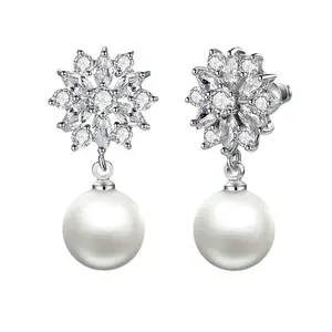 Unique Fashion Jewelry Earrings Blue Flower Jewelry AAA Zircon Stud Pearls Shell Earrings For Women
