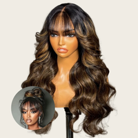 Perruque Lace Frontale 13x4 Balayage Mèches Fluffy Naturelle Ondulée avec Frange Cheveux Naturels avec Cordon de Serrage Invisible