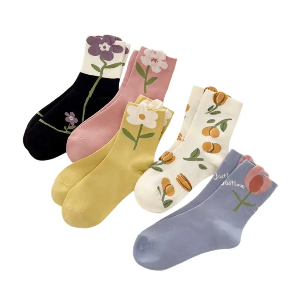 Baixo MOQ meias de algodão fofas para mulheres, meias de design engraçado de alta qualidade com logotipo personalizado, meias da moda com flores diárias