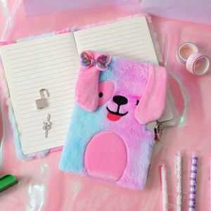 Tie-Dye Colorful Private Diary Notepad With Lock Fluffy <b>Journal</b> Plush Rainbow Dog Notebook for Girls - Product Image 2