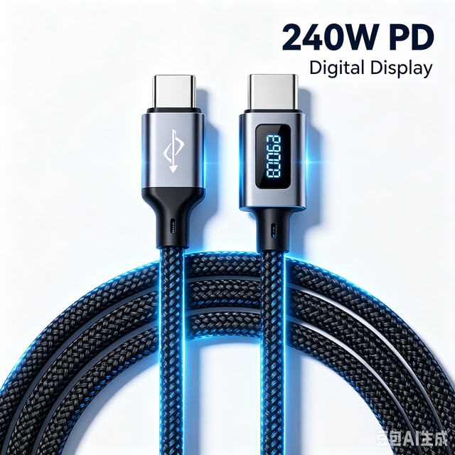 240W USB-C to USB-C Cable with Digital Display E-Marker Fast Charging Nylon Braided Durable Cord for Laptops Phones