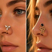 Penjepit Hidung Zirkon Eropa Amerika Baru & Cincin Hidung Palsu - Desain Mahkota Bunga Tembaga, Bulan Sabit, Hati, Penjepit Hidung Bentuk U